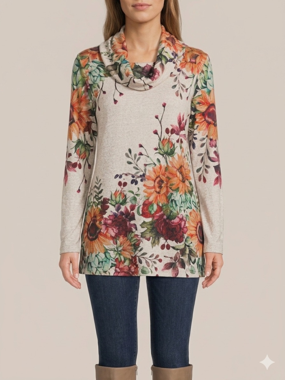 Cactus Pearl Floral Cowl Neck Tunic Light beige/grey rust floral Sunflowers XL